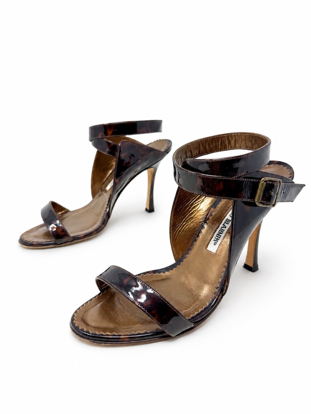 Manolo Blahnik Tortoiseshell Patent Leather Ankle Strap Heels Women Size EU 37.5
